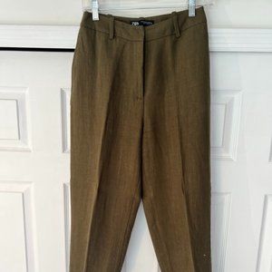 Zara Olive Green Linen Wide Leg Trousers